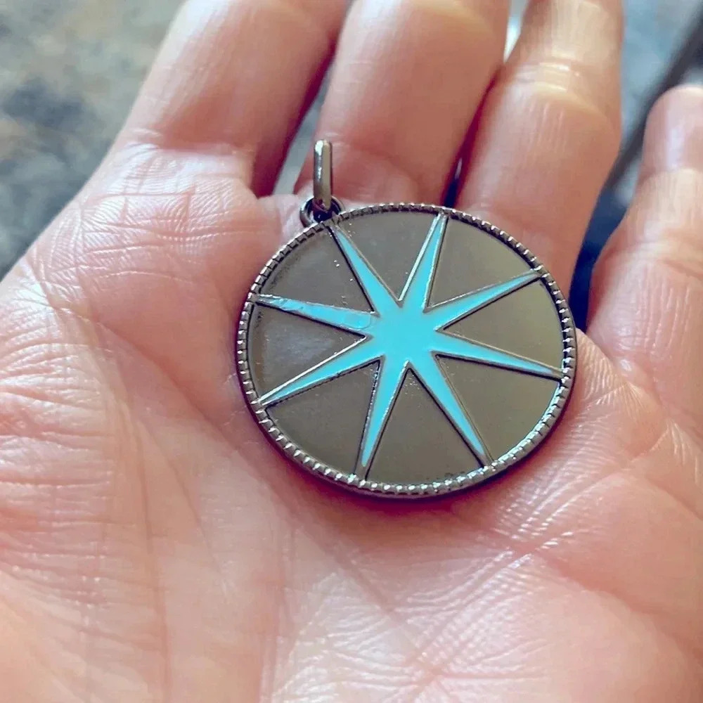 Celestial Aqua Blue Starburst Pendant Slate Gray Enamel Style NWOT - Picture 5 of 5